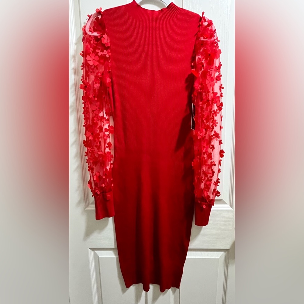 No Boundaries Red Bodycon Dress with Sheer Floral Sleeves